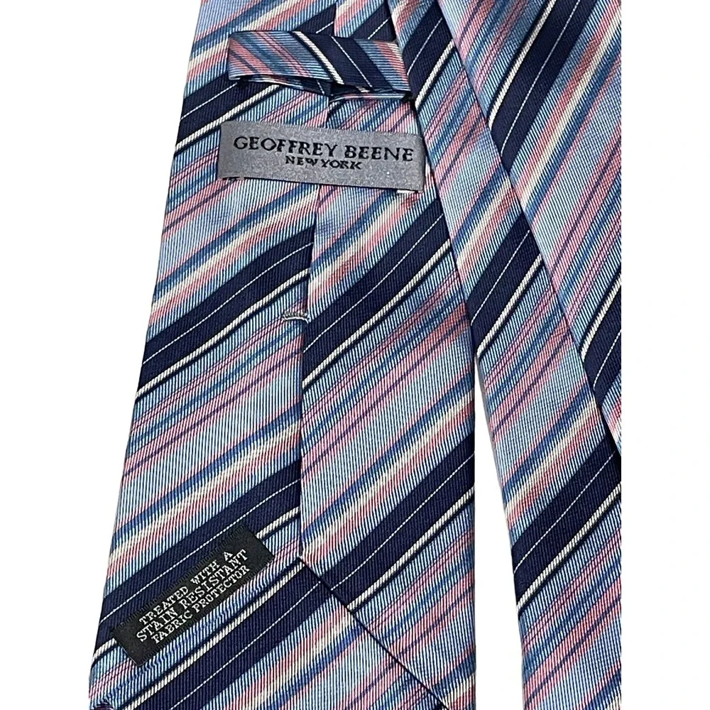 Geoffrey Beene New York 100% Silk Tie Navy Pink Striped Classic Preppy Fast Ship